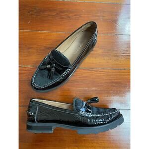 Donald Pliner Lenny Loafers 9M Black Patent Haircalf Tassel Lug Sole